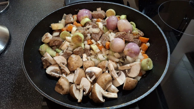 mushrooms added to beef and veg