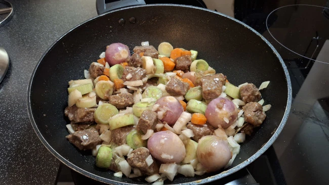 onions added to beef and veg