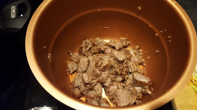 browned meat for beef and mushroom suet pie in a pot meat in pot