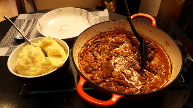 beef stroganoff and mash ready to serve