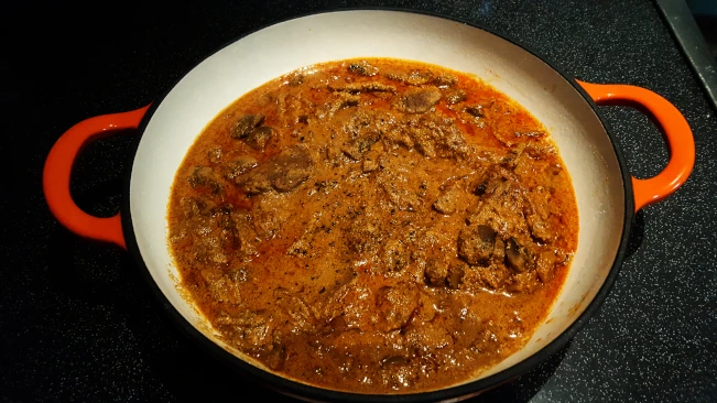 beef stroganoff baked in a casserole dish