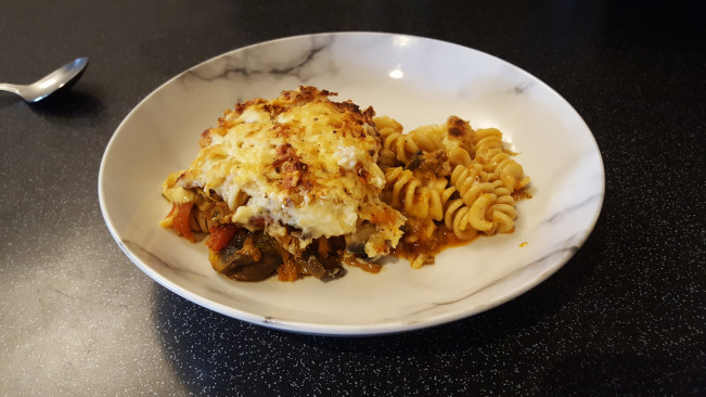 beef and pork pasta bake served on a plate pasta bake plated