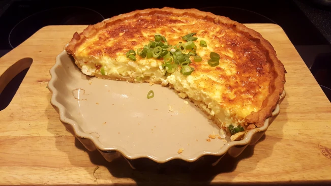 cheese and onion quiche sliced