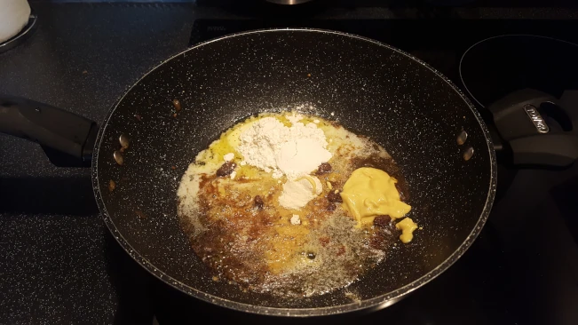 flour and butter in pan for chicken in creamy peppercorn sauce flour and butter in pan