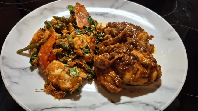 chicken thighs in spicy hot sauce and fenugreek veg