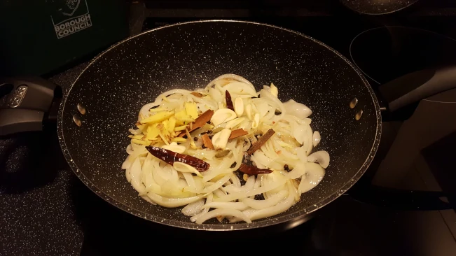 whole spices, ginger & garlic added to onions for my Dodgy Kebab! add whole spices ginger garlic