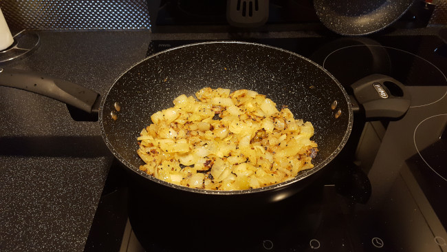 browned onions in pan