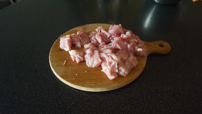 diced chicken on a board