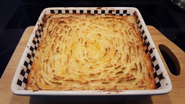 fish and chorizo pie cooked