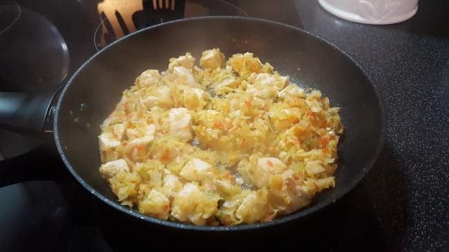 diced chicken mixed with veg for Jamaican Pumpkin Soup diced chicken mixed with veg