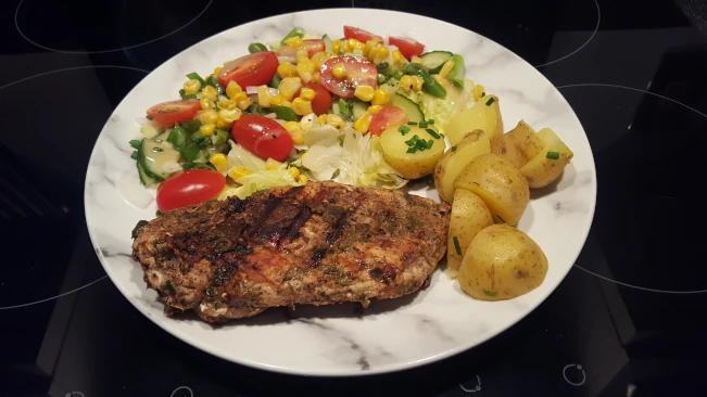 jerk chicken escalope grill plated