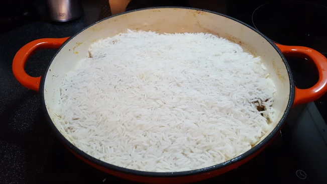 rice added to pan
