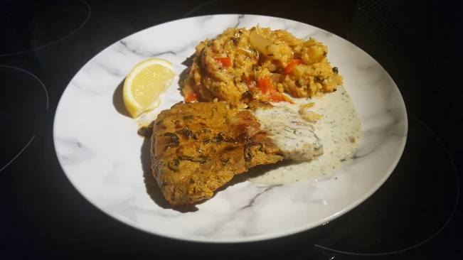 lamb tikka grill steaks with basmati tomato rice & raita lamb tikka grill steaks plated