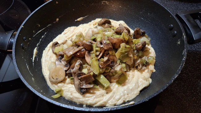 mushrooms, leeks on top of roux in a pan for luxury chicken pie with mushrooms & leeks mushrooms, leeks on top of roux in a pan