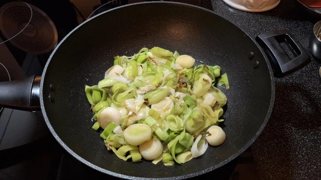 softened leeks in a pan for luxury chicken pie with mushrooms & leeks softened leeks in a pan