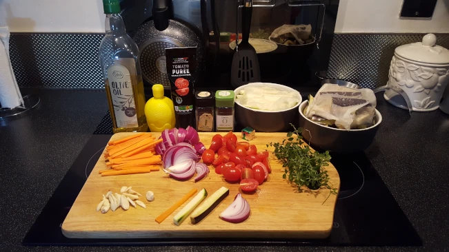 ingredients for Mediterranean style vegetables with pork steaks ingredients