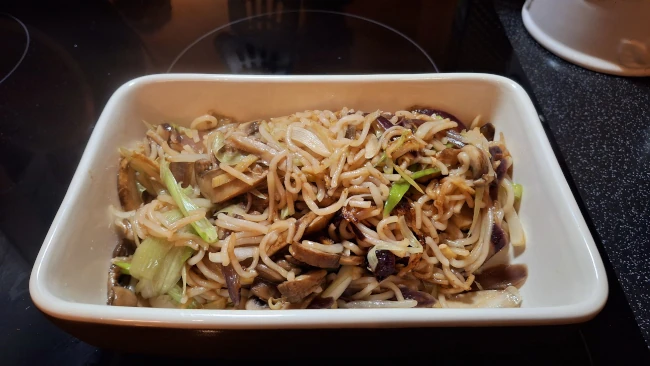 mushroom chow mein in serving dish mushroom chow mein in serving dish