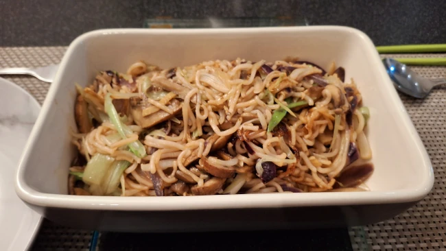 mushroom chow mein in a serving dish mushroom chow mein in serving dish