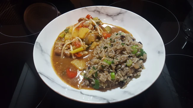 sweet and sour pork with mushroom fried rice sweet and sour pork