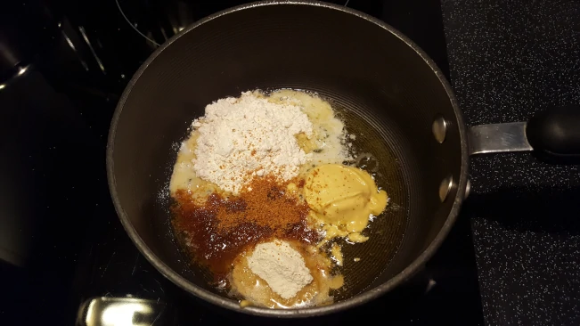 flour and seasoning added to the pan for parsley sauce flour and seasoning added