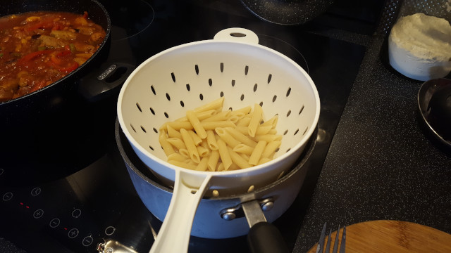 pasta draining in sieve
