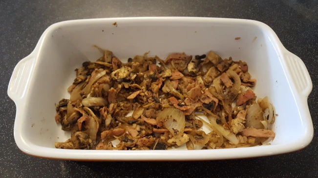 mushrooms onion bacon in dish for smoked haddock bacon bake mushrooms onion bacon in dish