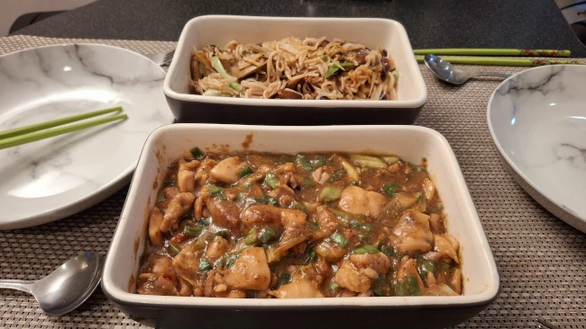 spring onion chicken and noodles served