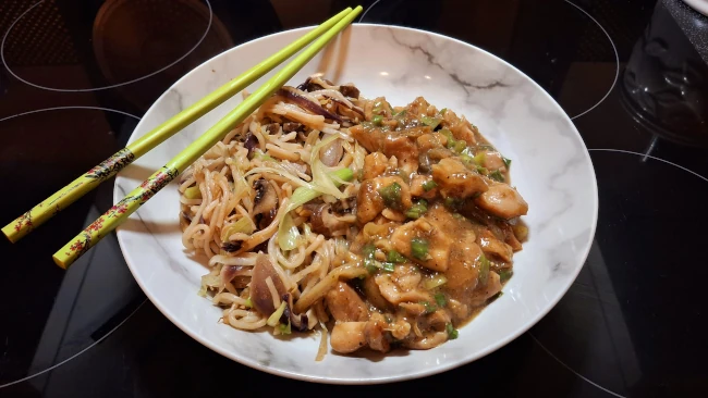 spring onion chicken with noodles in dish