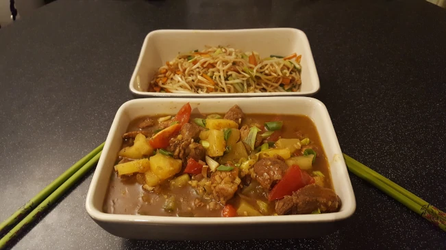 sweet and sour pork and noodles
