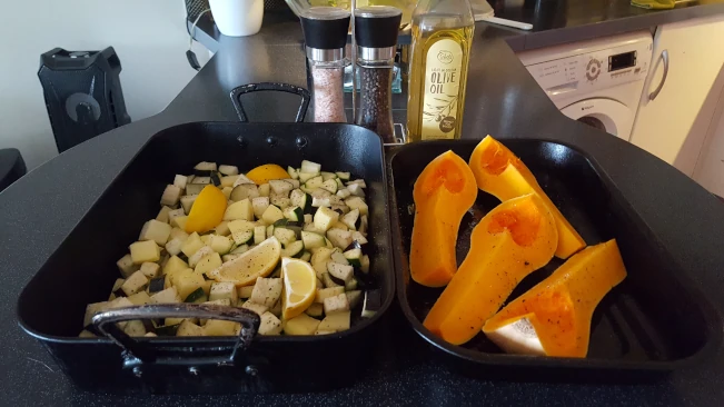 veg in roasting tins